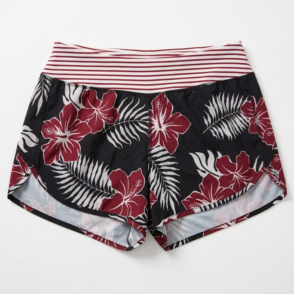 Reel Legends Women's Athletic Shorts Red Hibiscus Floral Zip Key Pocket Size XL
